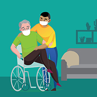 Illustration of a person helping an older man into a wheelchair at home