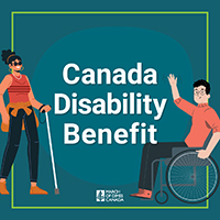 Illustration of woman with cane smiling and man in wheelchair waving