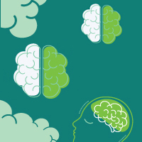 illustration of brains and clouds on teal background