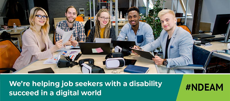 #NDEAM "We're helping job seekers with a disability succeed in a digital world" - inclusive coworkers at tech office