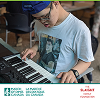 Youth playing a keyboard with March of Dimes Canada logo and The Slaight Family Foundation logo at bottom