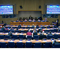 United Nations assembly hall rows of seats facing speaker table and large monitors on either side of back wall