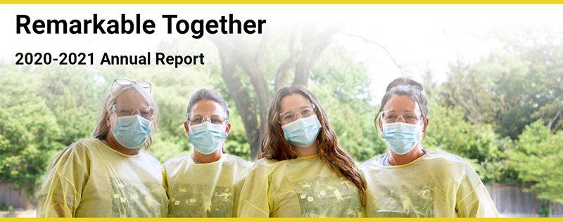 Remarkable Together: 2020-2021 Annual Report (4 March of Dimes Canada smiling staff in glasses, masks and PPE gowns)