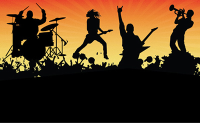Illustration of a backdrop of four musicians playing rock and roll in front of a crowd