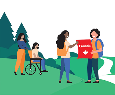 Illustration of four people by a park pathway two looking at a red Trans-Canada map