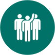 Group of people one with hand up icon