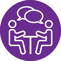 icon of two people talking at a table within a purple circle