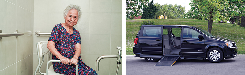 Collage of smiling senior woman sitting on a shower chair and an accessible vehicle with side door ramp