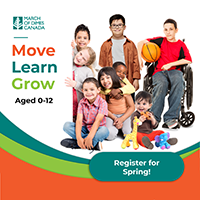 Move Learn Grow Spring program - group of smiling kids from toddlers to preteens